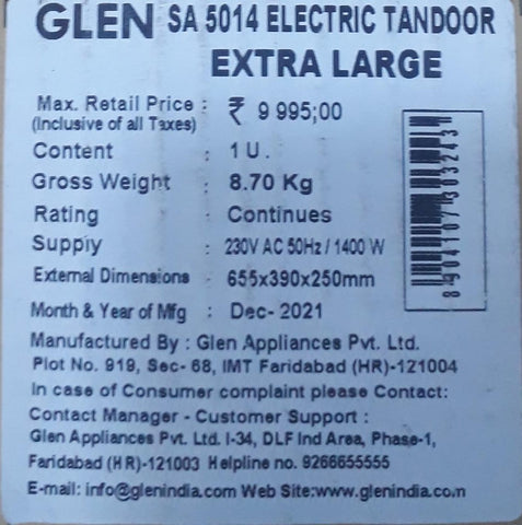 GLEN ELECTRIC TANDOOR 5014 XL 1400-WATT