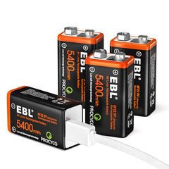 USB Rechargeable 9V Lithium Batteries 5400mWh