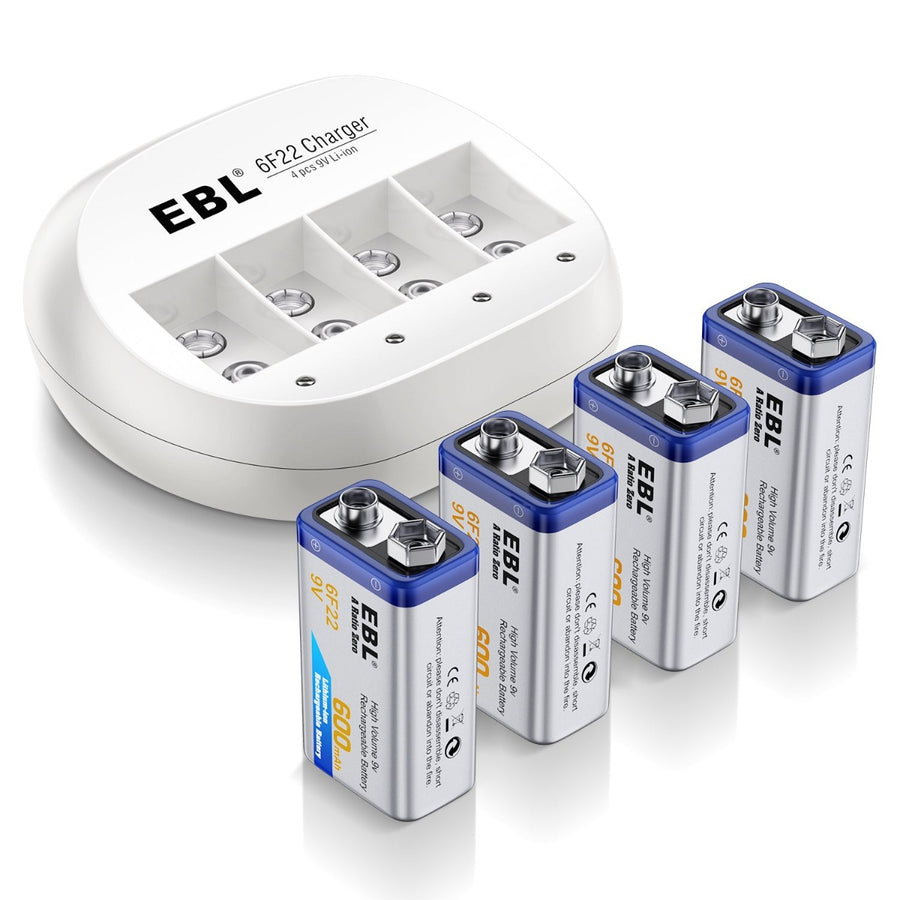EBL Lot de 2 piles rechargeables 9 V – Batterie rechargeable 5 400 mWH 9 V  avec câble