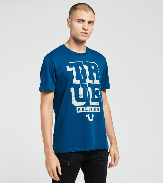 blue and white true religion shirt