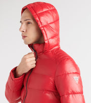 guess men's red puffer jacket