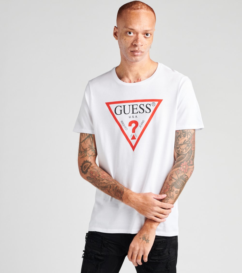 Must Have GUESS Short Sleeve Tri Logo Crew T-Shirt in Pure White Size ...