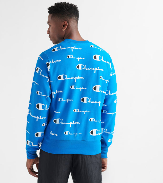 champion reverse weave all over print blue crew neck sweatshirt