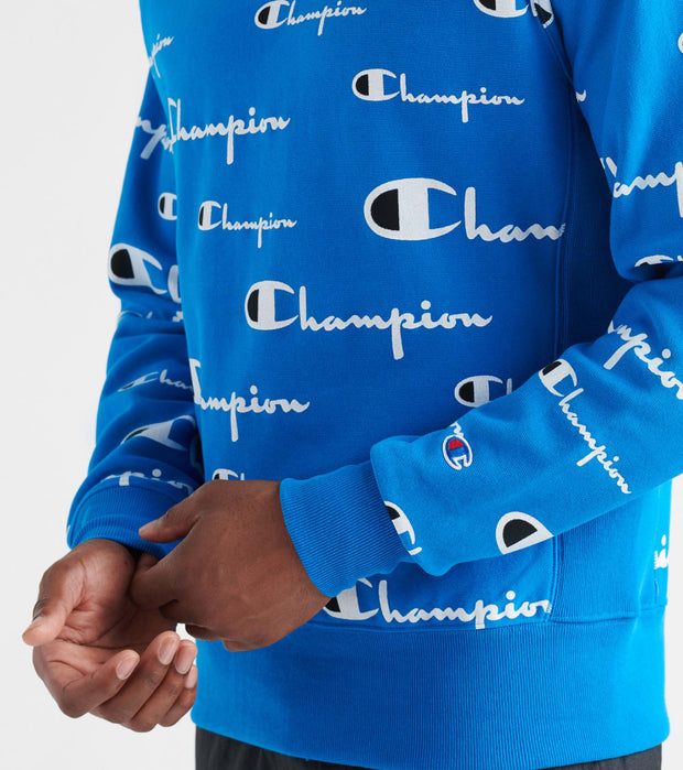 champion reverse weave all over print blue crew neck sweatshirt
