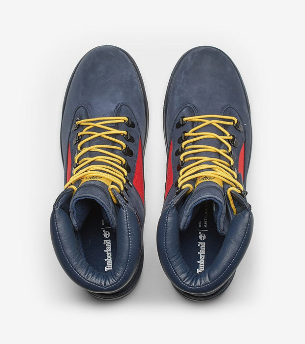 navy blue and red field boots