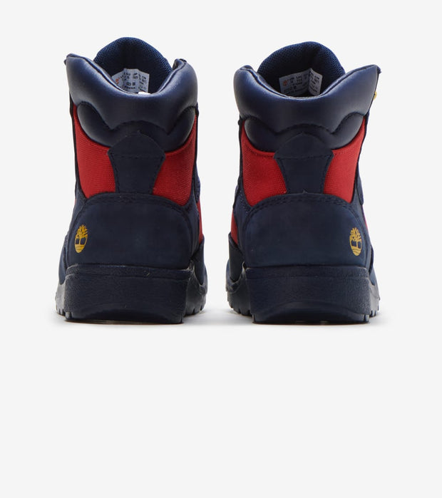 red and blue timberland field boots