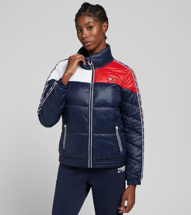 tommy hilfiger long colorblock puffer