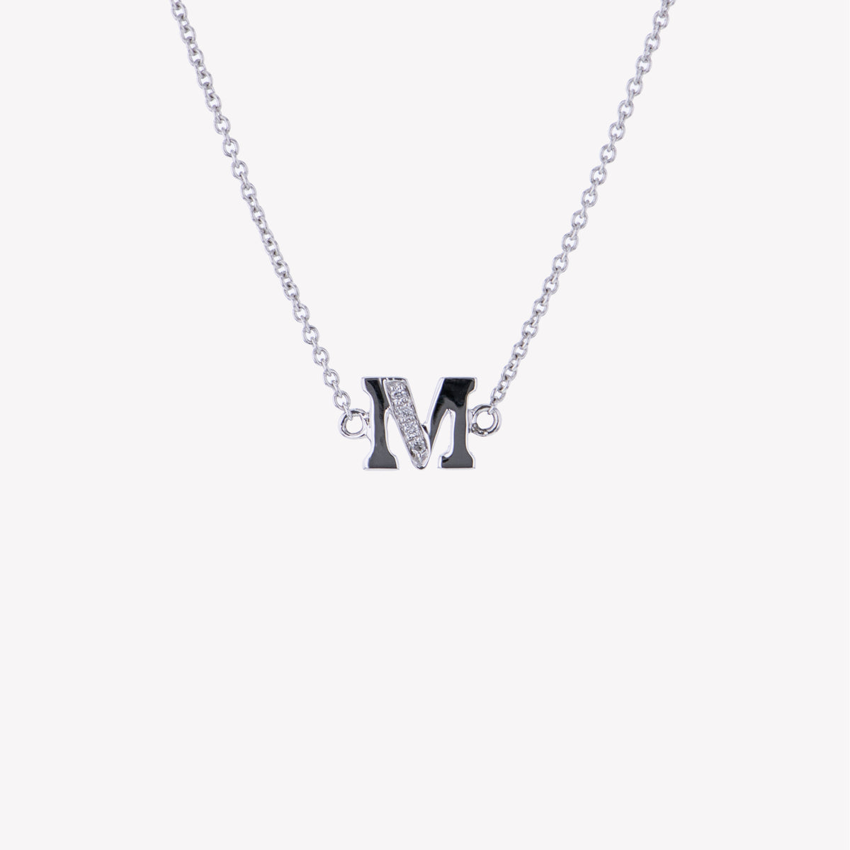 Letter M Diamond Pendant With Chain in White Gold
