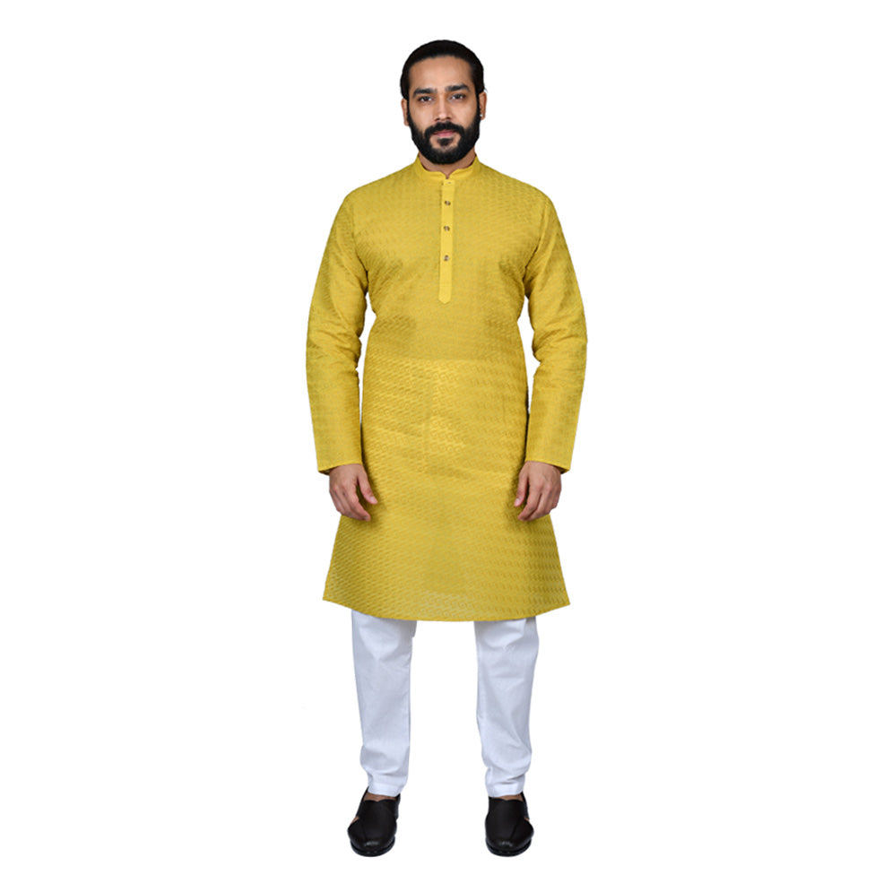 Ajay Arvindbhai Khatri Men's Pure Cotton Regular Chikan embroidery kurta Yellow Colour