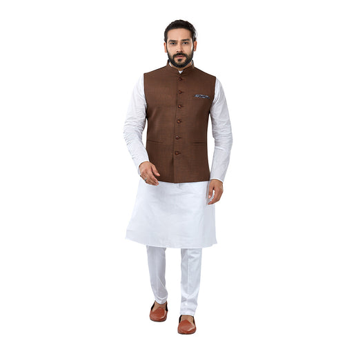 Readymade Beige Kurta Pyjama With Woven Jacket 734MW12