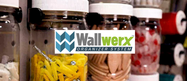 Row of jars contianing screws, workship and small items mounted on a pegboard with Wallwerx wall organizing system
