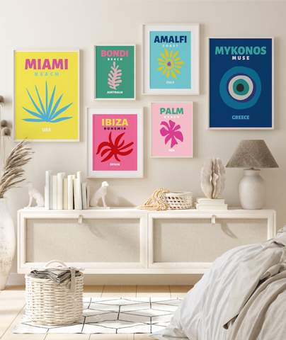 cool art prints on wall, bright coloured