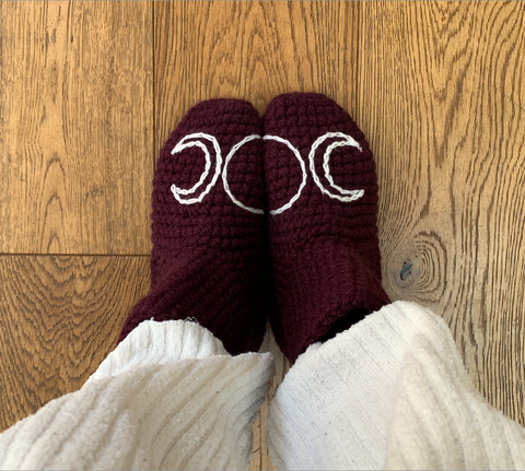 Hecate Triple Moon Symbol on handmade slipper socks