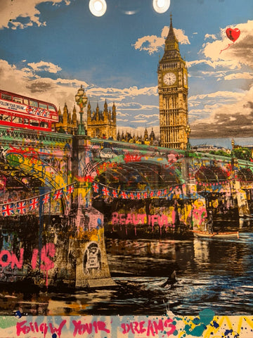 Immerse yourself in the artistic brilliance of Mr. Brainwash with this vibrant artwork, featuring a captivating blend of colors and expressive energy. Proudly presented by the Lawyers Arts Club, this piece, set against the iconic backdrop of Big Ben, exemplifies the synergy between creativity and community.