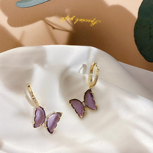 Purple Crystal Butterfly Stud Earrings Ring Necklace - Urunigi.com