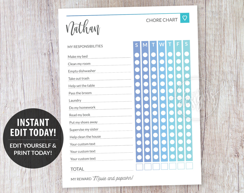 Free Printable Chore Chart for Kids Customize Responsibility Chart