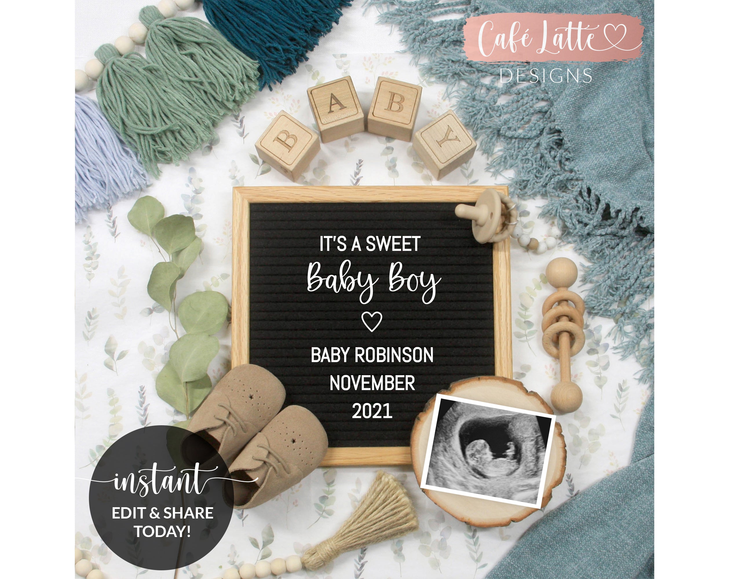 Download Editable Boy Baby Announcement Social Media Sweet Baby Boy Gender Rev Cafe Latte Designs