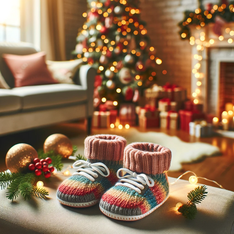 Cozy holiday-themed living room with Christmas tree adorned with lights and ornaments in the background. In the foreground, colorful baby sock shoes are displayed, combining the comfort of a sock with the protection of a shoe, featuring a soft, non-slip sole, ideal for infants and toddlers. The scene radiates warmth, invitingness, and holiday cheer.