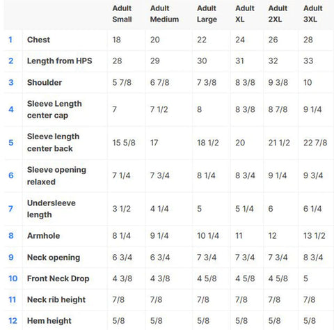 tee shirt size chart