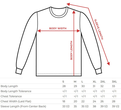 long sleeve tee shirt size chart