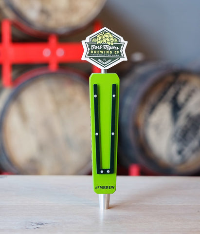 Ft. Myers Brewing company wood and acrylic tap handle with painted topper and body. Fully custom tap handle made in the USA.