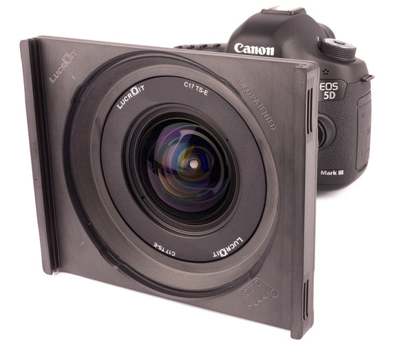 An image on a Lucroit filter holder system attached to the front of a DSLR style camera and lens