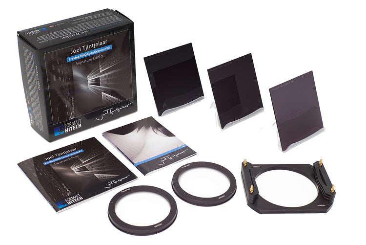 The Formatt Hitech Joel Tjintejelaar Signature Edition Long Exposure photography kit number 1 including three neutral density filters and a filter holder system.