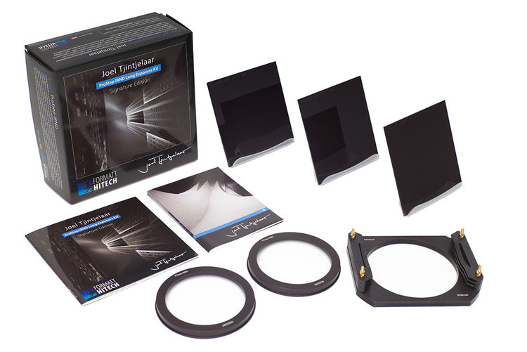 The Formatt Hitech Joel Tjintejelaar Signature Edition Long Exposure photography kit number 2 including three neutral density filters and a filter holder system.