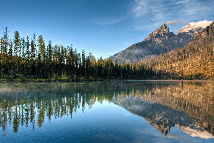 an image of a lake with a forest behind it to the left and rocky mountains framing it to the right. There are several whispy clouds in the sky