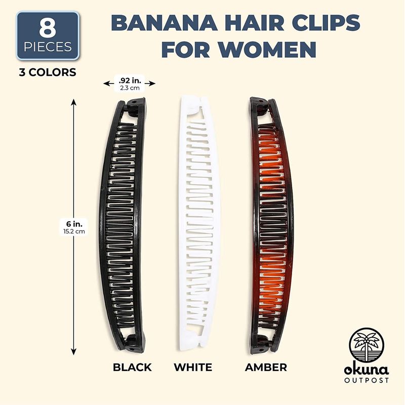 Banana Hair Clips for Women in Black, White, Amber (6 Inches, 8 Pack)