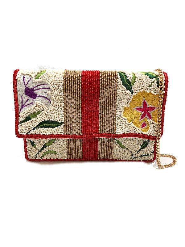 Floral Embroidery Beaded Clutch Bag