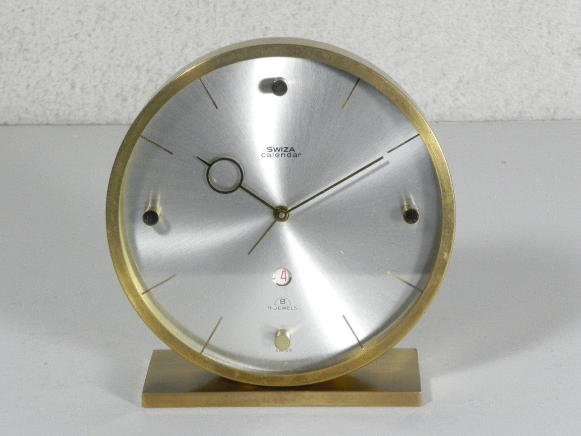 Swiza Modern Round Brass Desk Clock with Calendar, 8-Day Wind Up, Alarm