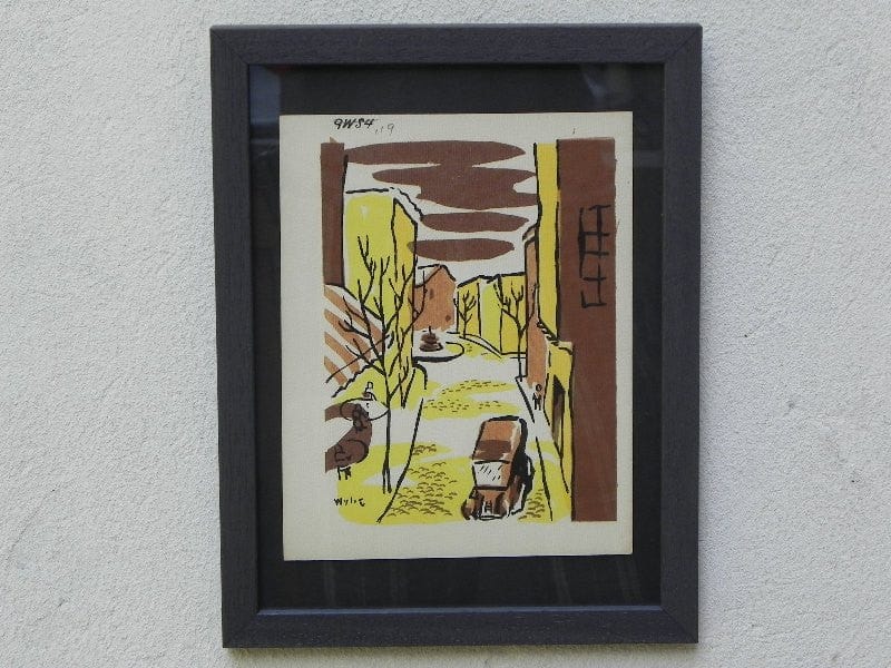 Mid-Century Lithograph by Wylie Newly Framed-Street Scene with Café, Back Fountain & Truck, Brown & Yellow