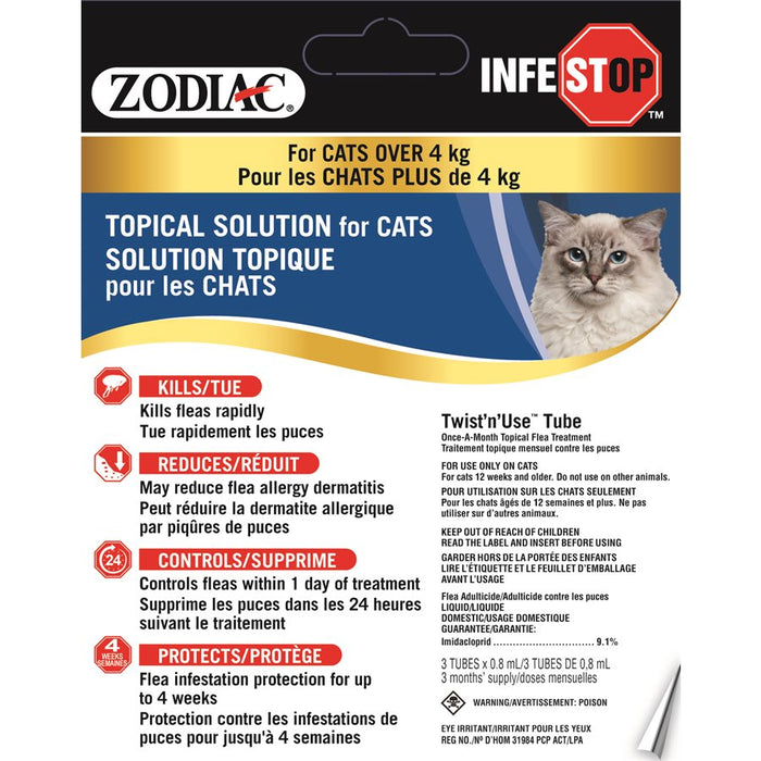 Zodiac Infestop Solution Topique Puces Pour Chats 4 Kg Et Plus Animauxbouffe