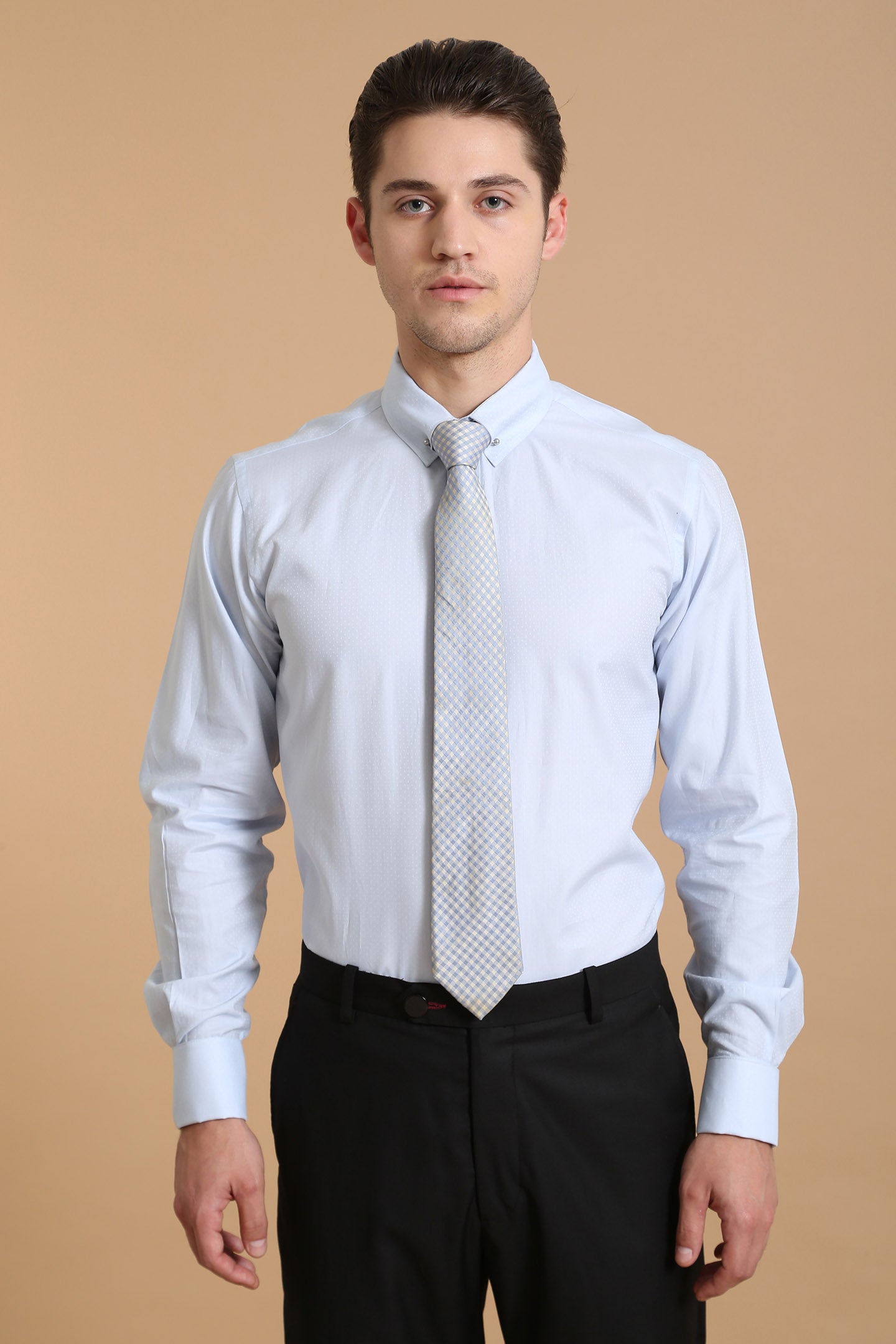 light blue tie white shirt