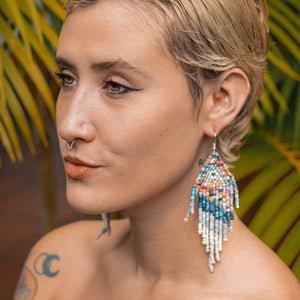 Long Beaded, Fringe Earrings - "Tikal Synergy Rainbow", handmade