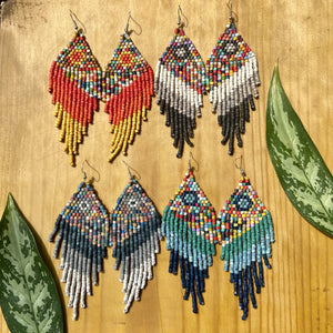 Long Beaded, Fringe Earrings - "Tikal Synergy Rainbow", handmade