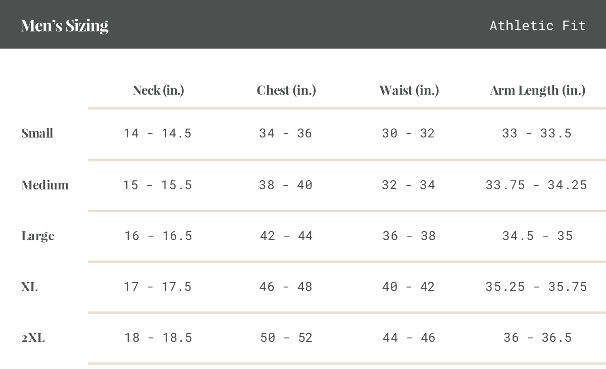 Milk x Whiskey Men's Size Chart