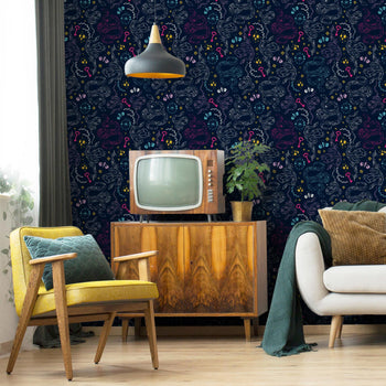 Garden of Eden Wallpaper in Mustard, Sky Blue and Terracotta