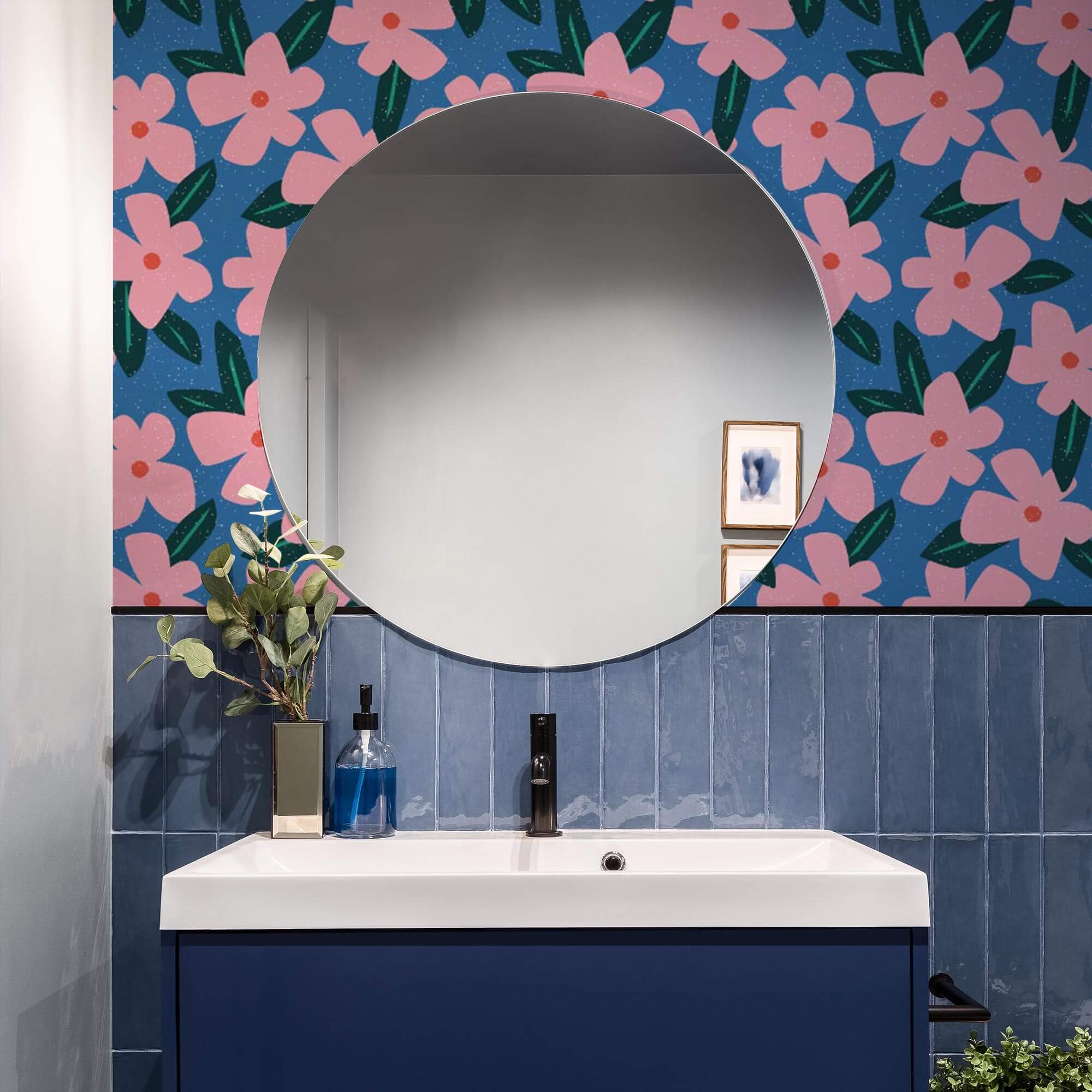 Flower Bomb Wallpaper in Cobalt Blue and Pink | Lust Home