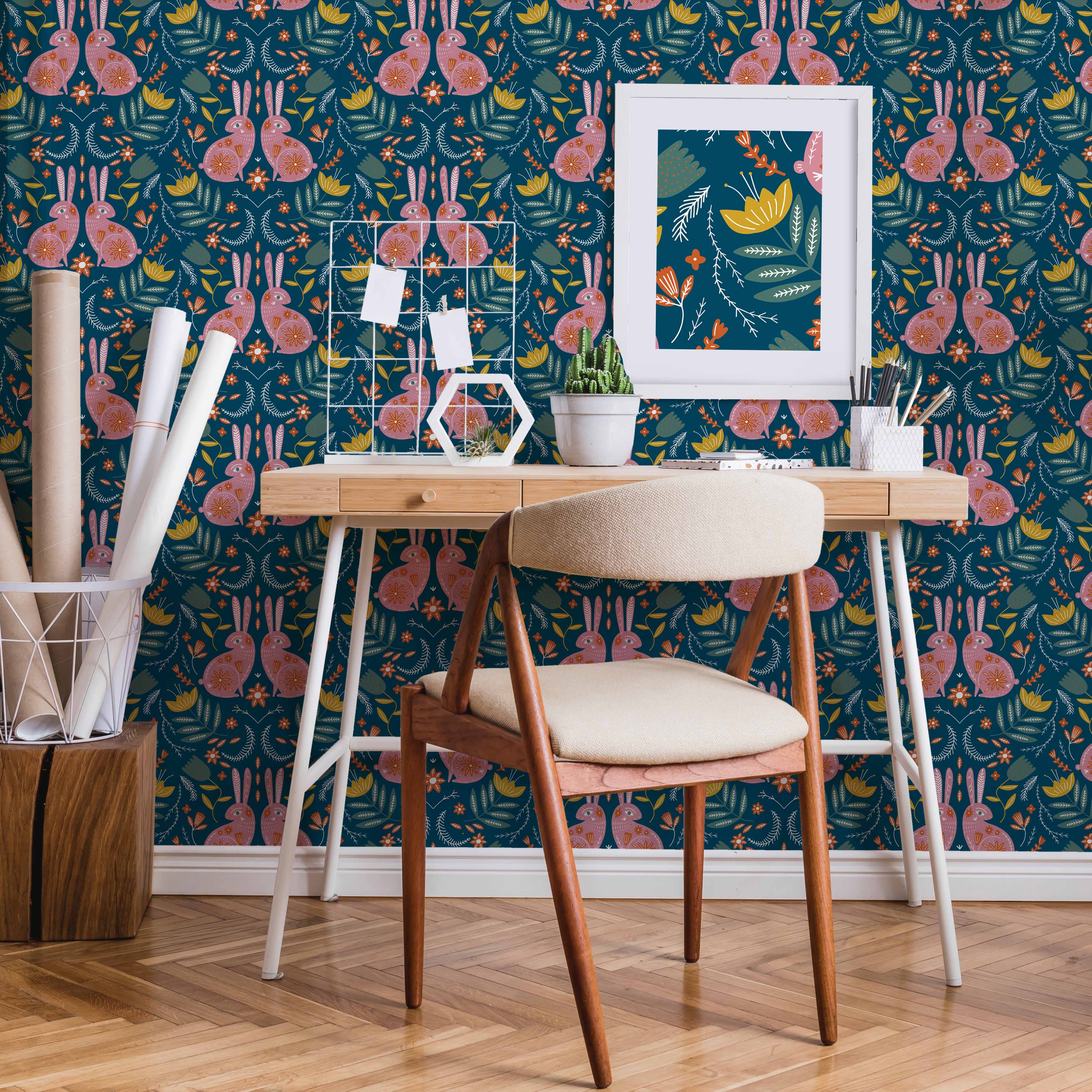 Bunny Tales Wallpaper in Teal and Cherry Blossom | Lust Home