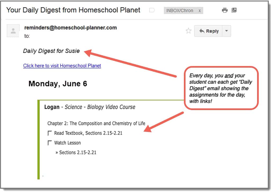 Homeschool Planet daily digest email for science lessons