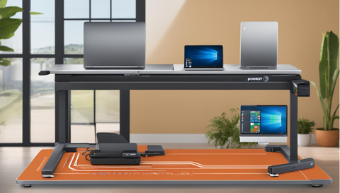 A laptop running on a treadmill with a power cord plugged into an outlet. The treadmill has two speed options: slow and fast. The laptop is visibly struggling on the slow speed, with laggy performance and overheating. On the fast speed, the laptop is running smoothly with improved performance and cool temperatures. In the background, there are two sliders labeled "Power Options" and "Graphics Settings" that are being adjusted to maximize performance.