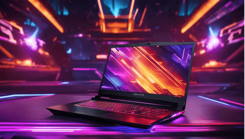 A sleek, metallic gaming laptop with a vivid LED backlit keyboard and razor-sharp display screen showcasing intense graphics of a video game. The laptop is set against a futuristic background