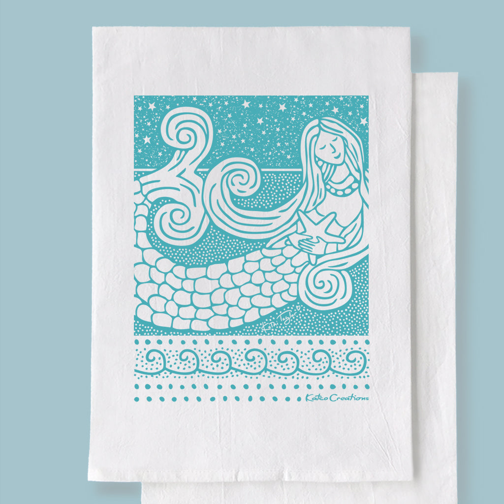 Seaside Tea Towel in White Flour Sack - Blue Kite Press