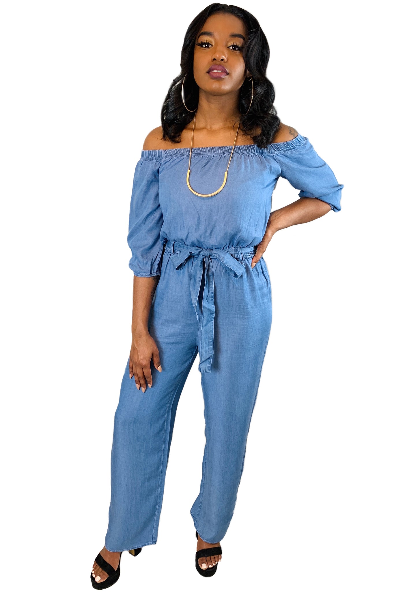 Denim Off The Shoulder Jumpsuit | Spring Time – Avahnti Apparel