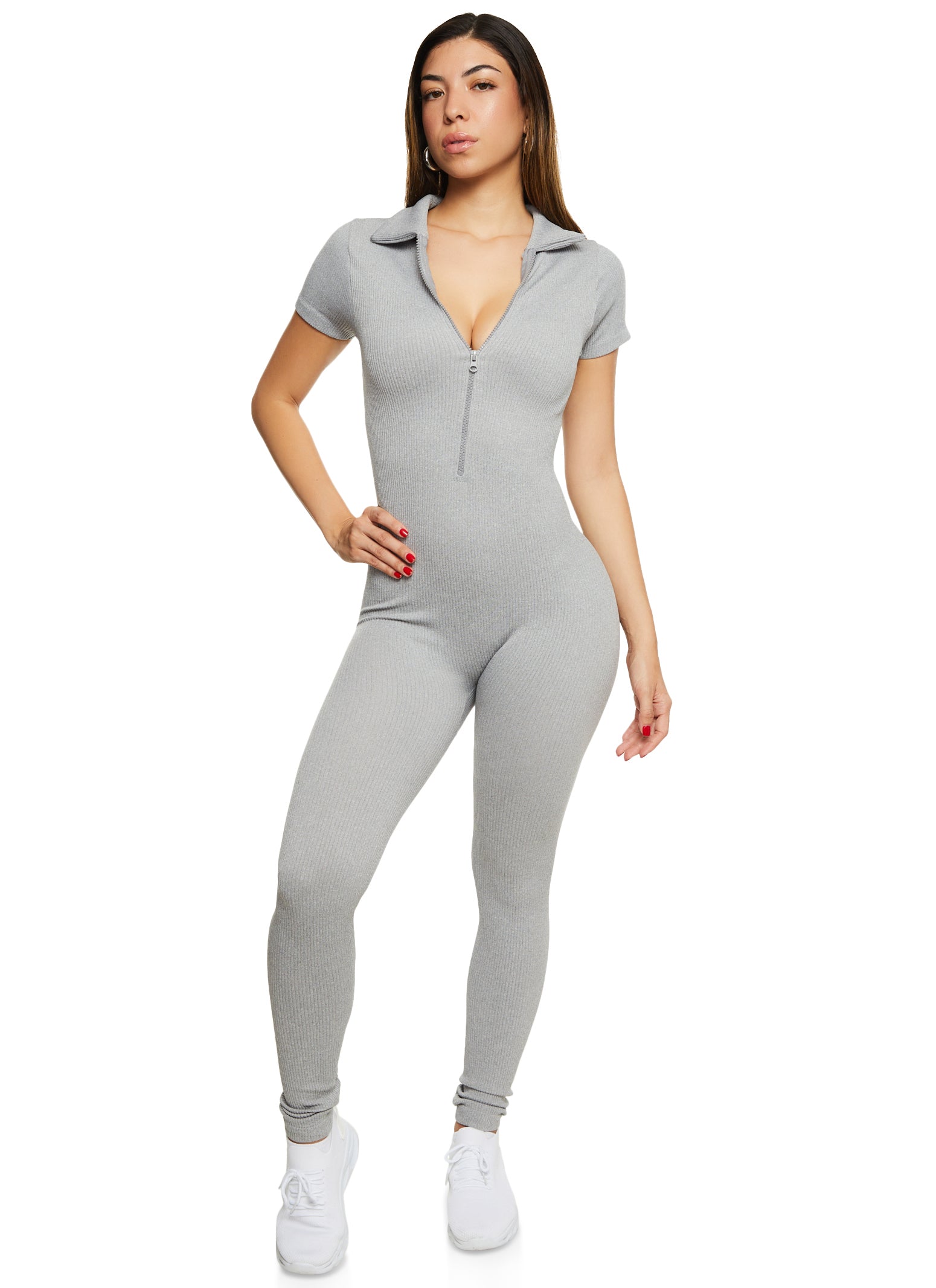 Womens Seamless Ribbed Collared Zip Front Jumpsuit, Grey, Size L