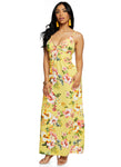 Floral Print Elasticized Waistline Plunging Neck Smocked Sleeveless Spaghetti Strap Maxi Dress