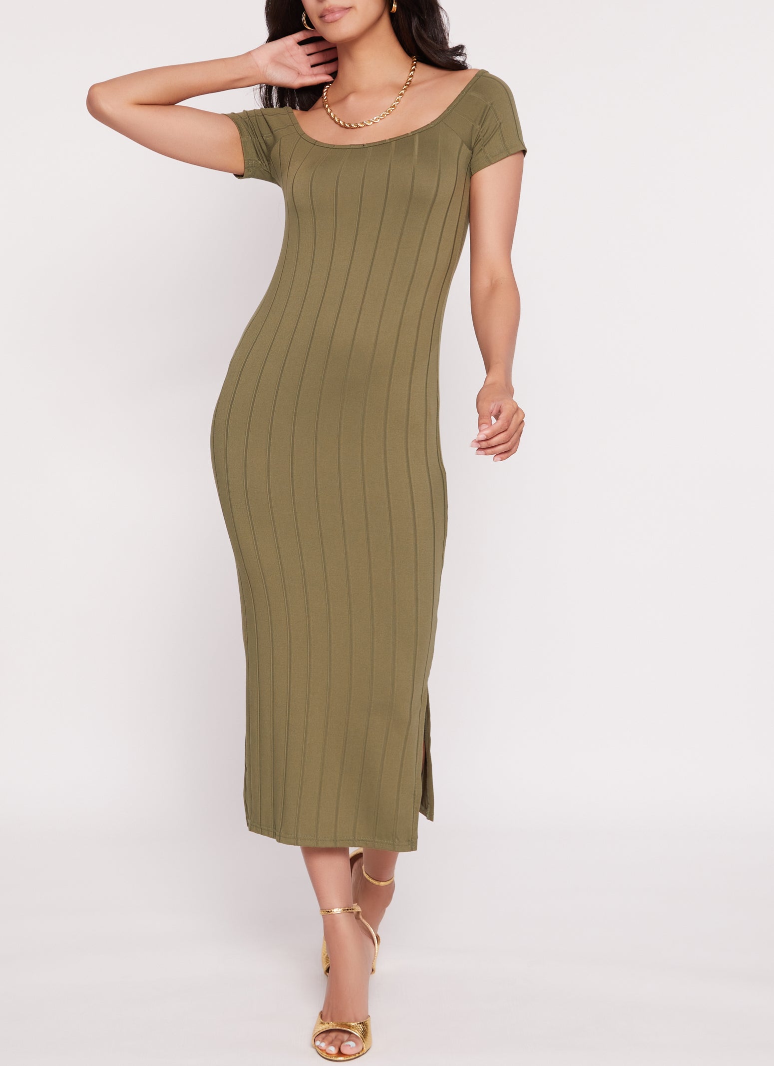 Womens Ribbed Off The Shoulder Side Slit Midi Dress, Green, Size XL