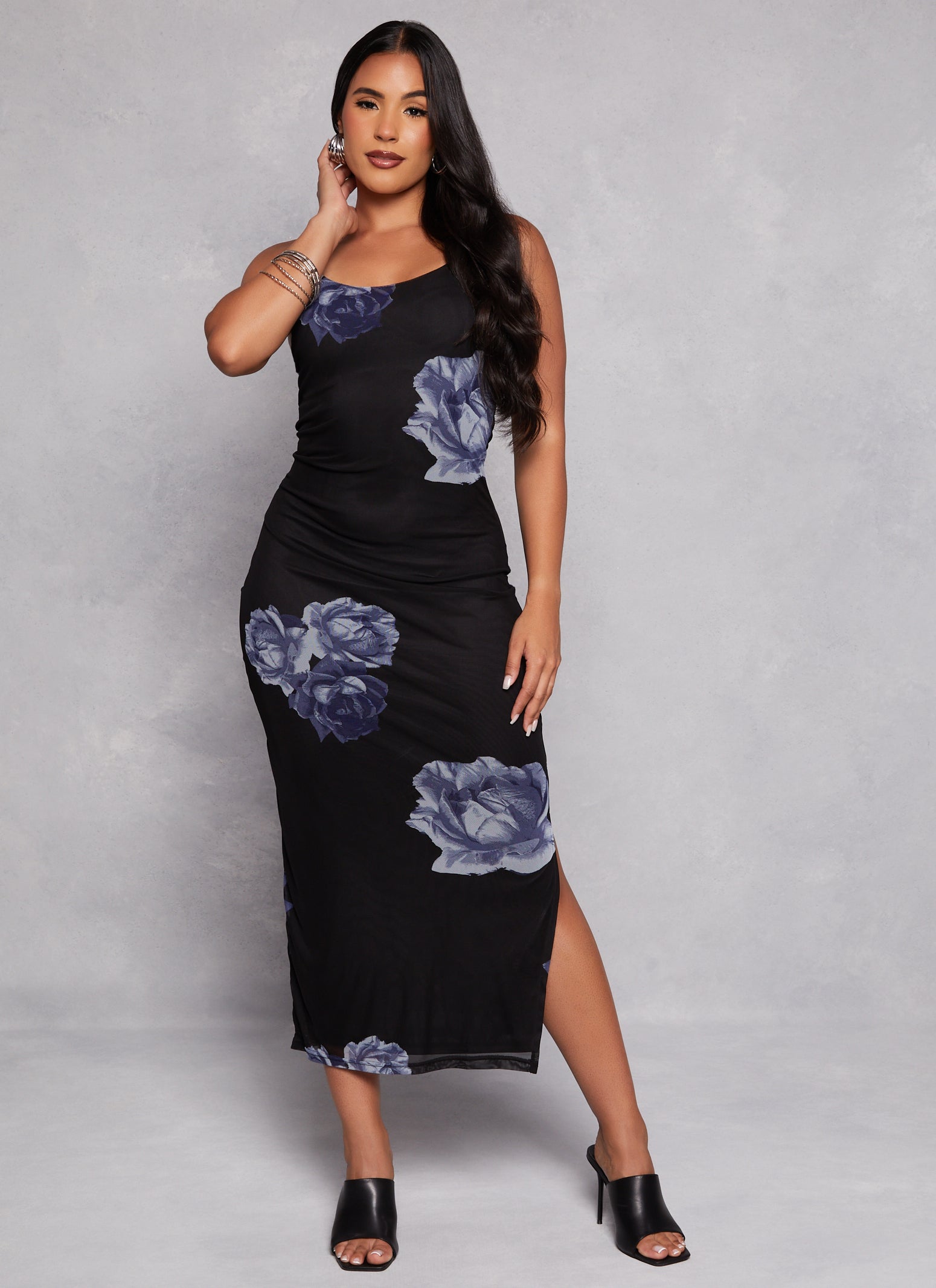 Womens Floral Pattern Cami Maxi Dress, Black, Size L